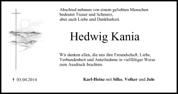 Anzeige von Hedwig Kania von MGO