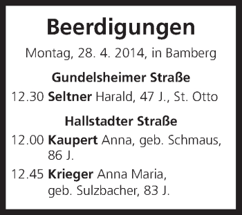 Anzeige von Beerdigungen vom 28.04.2014 von MGO
