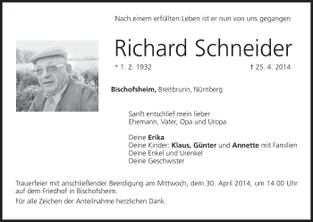 Anzeige von Richard Schneider von MGO
