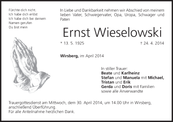 Anzeige von Ernst Wieselowski von MGO