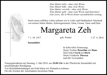Anzeige von Margareta Zeh von MGO