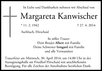 Anzeige von Margareta Kanwischer von MGO