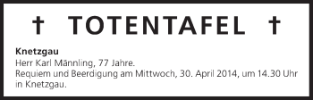 Anzeige von Totentafel Knetzgau von MGO