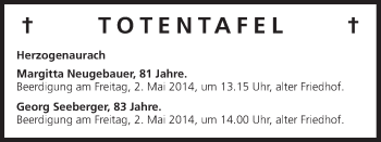 Anzeige von Totentafel Herzogenaurach von MGO
