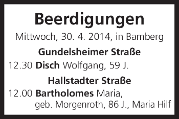 Anzeige von Beerdigungen 30.04.2014 von MGO