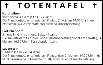 Anzeige von Totentafel vom 01.05.2014 von MGO