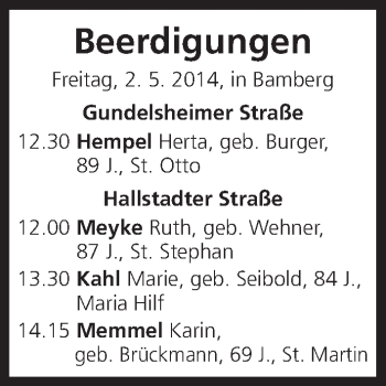 Anzeige von Beerdigungen vom 01.05.2014 von MGO