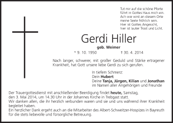 Anzeige von Gerdi Hiller von MGO