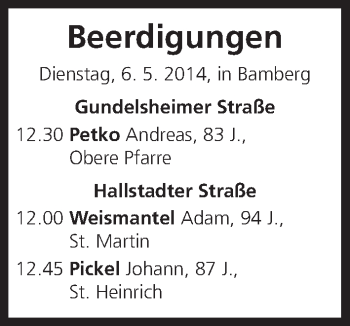 Anzeige von Beerdigungen vom 06.05.2014 von MGO