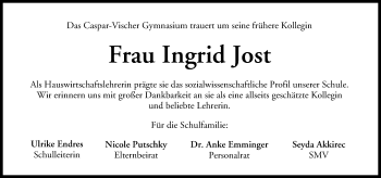 Anzeige von Ingrid Jost von MGO