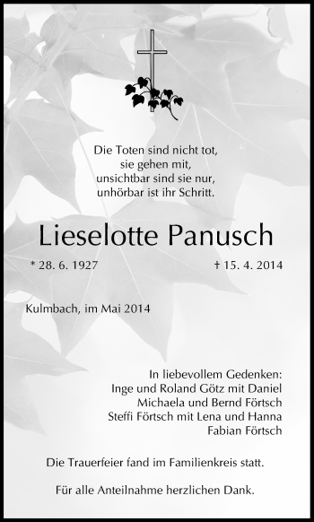 Anzeige von Lieselotte Panusch von MGO