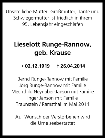 Anzeige von Lieselott Runge-Rannow von MGO