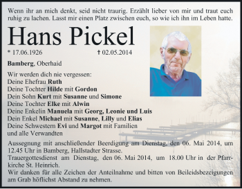 Anzeige von Hans Pickel von MGO