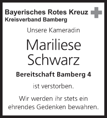 Anzeige von Mariliese Schwarz von MGO