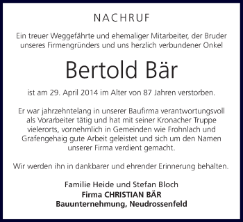 Anzeige von Bertold Bär von MGO