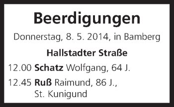 Anzeige von Beerdigungen vom 08.05.2014 von MGO