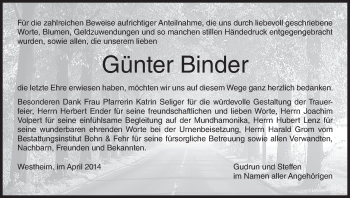 Anzeige von Günter Binder von MGO