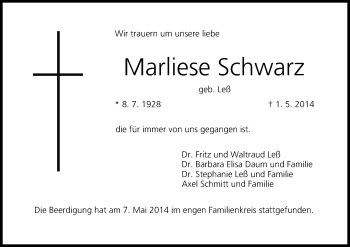 Anzeige von Marliese Schwarz von MGO