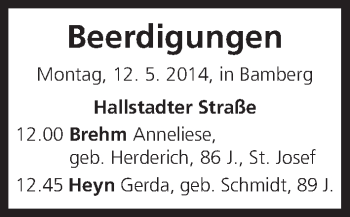 Anzeige von Beerdigungen  vom 12,05,2014 von MGO