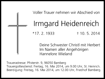 Anzeige von Irmgard Heidenreich von MGO