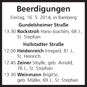 Anzeige von Beerdigungen, vom 16.05.2014 von MGO