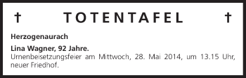 Anzeige von Totentafel vom 17.05.2014 von MGO