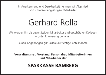 Anzeige von Gerhard Rolla von MGO