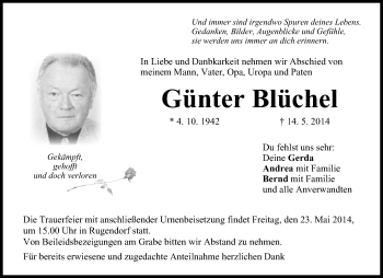 Anzeige von Günter Blüchel von MGO