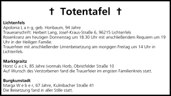 Anzeige von Totentafel vom 22.05.2014 von MGO