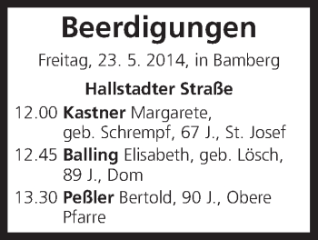 Anzeige von Beerdigungen 23.05.2014 von MGO