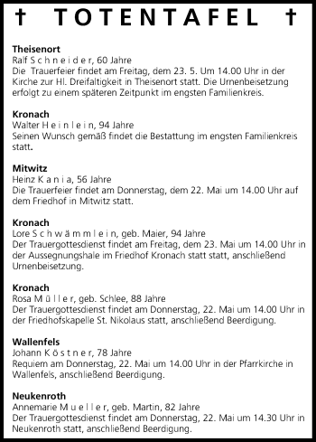 Anzeige von Totentafel vom 22.05.2014 von MGO