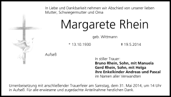 Anzeige von Margarete Rhein von MGO