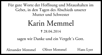 Anzeige von Karin Memmel von MGO