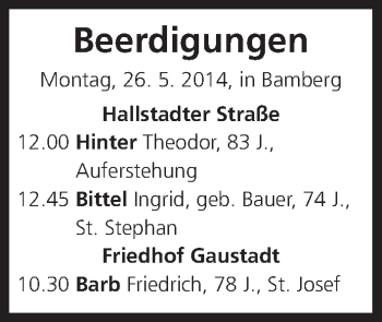 Anzeige von Beerdigungen vom 26.05.2014 von MGO