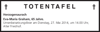 Anzeige von Totentafel, vom 24.05.2014 von MGO