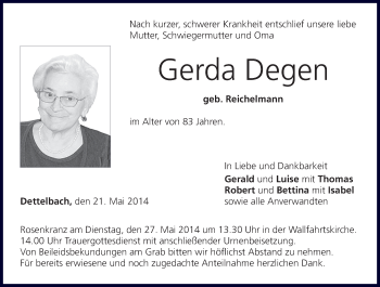 Anzeige von Gerda Degen von MGO