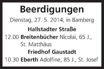 Anzeige von Beerdigungen vom 27.05.2014 von MGO
