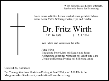 Anzeige von Fritz Wirth von MGO