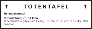 Anzeige von Totentafel vom 29.05.2014 von MGO