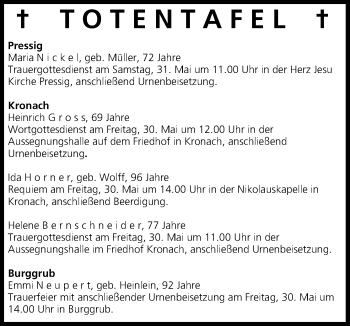 Anzeige von Totentafel vom 29.05.2014 von MGO