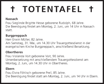 Anzeige von Totentafel vom 31.05.2014 von MGO