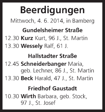 Anzeige von Beerdigungen, vom 04.06.2014 von MGO
