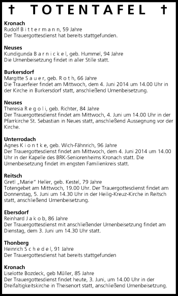 Anzeige von Totentafel vom 03.06.2014 von MGO