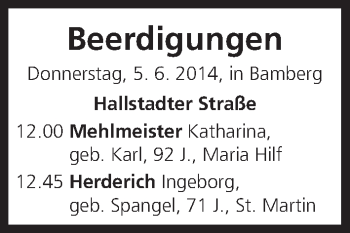 Anzeige von Beerdigungen, vom 05.06.2014 von MGO