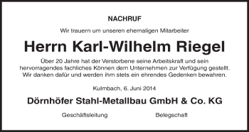 Anzeige von Karl-Wilhelm Riegel von MGO
