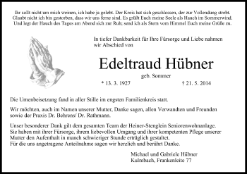 Anzeige von Edeltraud Hübner von MGO