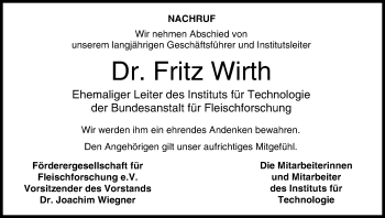 Anzeige von Fritz Wirth von MGO