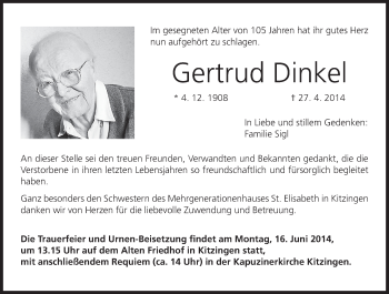Anzeige von Gertrud Dinkel von MGO
