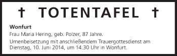 Anzeige von Totentafel vom 07.06.2014 von MGO