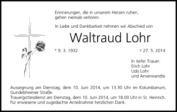 Anzeige von Waltraud Lohr von MGO